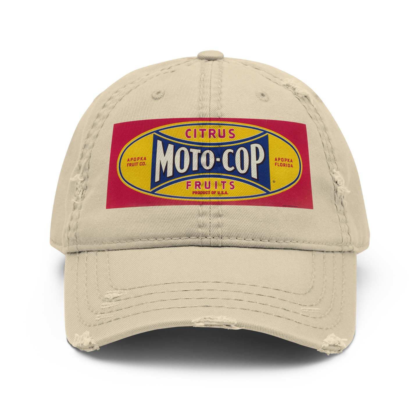 Distressed Dad Hat - Moto-Cops Citrus Fruit Label, 1930-1950
