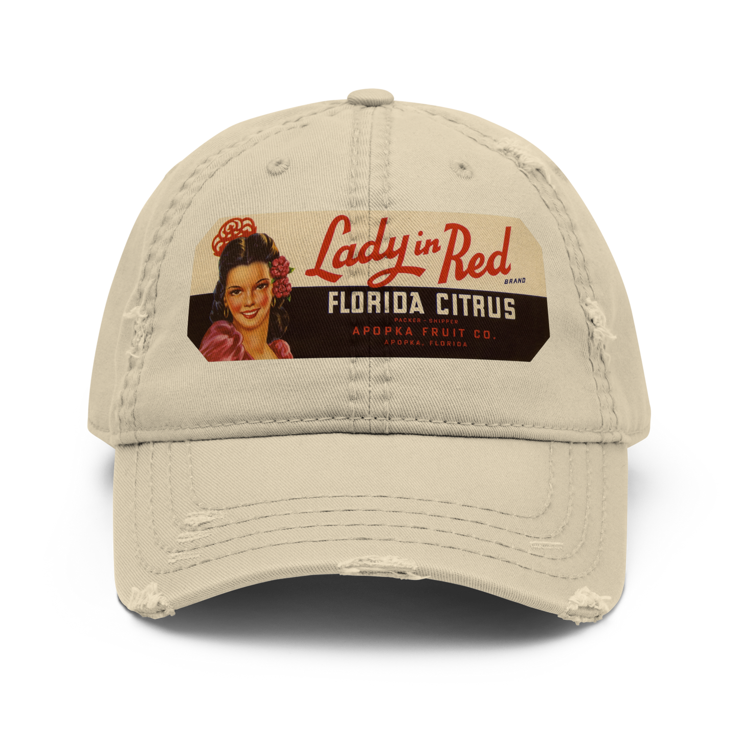 Distressed Dad Hat - Lady in Red Brand Florida Citrus Label 1930-1950