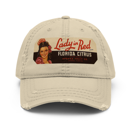 Distressed Dad Hat - Lady in Red Brand Florida Citrus Label 1930-1950