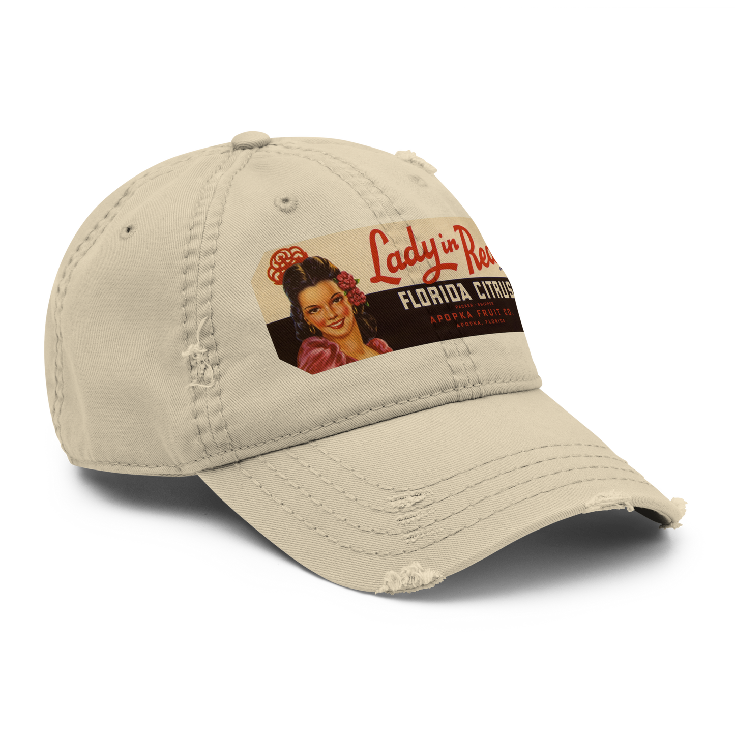 Distressed Dad Hat - Lady in Red Brand Florida Citrus Label 1930-1950